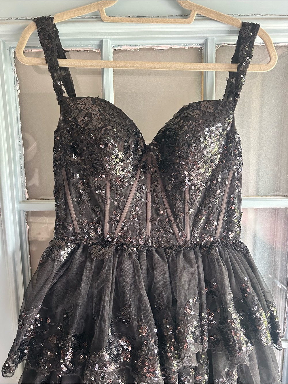 Tiered Ruffle Corset Sequin Tulle Prom High Slit Long Formal Dress Ball Gown - Picture 4 of 12